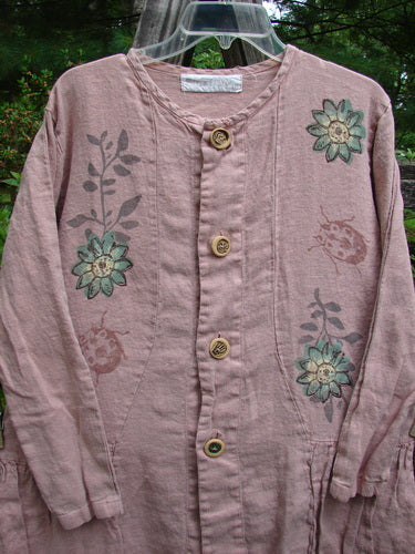 1998 Botanical Meadow Jacket Ladybug Floral Mallow Altered Size 1 features colorful ceramic buttons, A-line shape with bottom flounce, scoop neck, and botanical-ladybug theme on heavier weight linen.