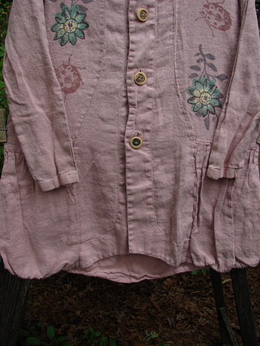 1998 Botanical Meadow Jacket Ladybug Floral Mallow Altered Size 1 featuring a wide A-line shape, ceramic buttons, back drop waist seam, scooped neckline, and detailed floral and ladybug patterns.