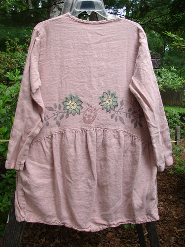1998 Botanical Meadow Jacket Ladybug Floral Mallow Altered Size 1 with ceramic buttons, A-line shape, bottom flounce, back drop waist seam, and botanical and ladybug theme paint in heavy linen.