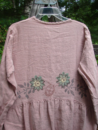 1998 Botanical Meadow Jacket Ladybug Floral Mallow Altered Size 1 with flower patterns and textured ceramic buttons, featuring an A-line shape, bottom flounce, back drop waist seam, and scooped neckline.