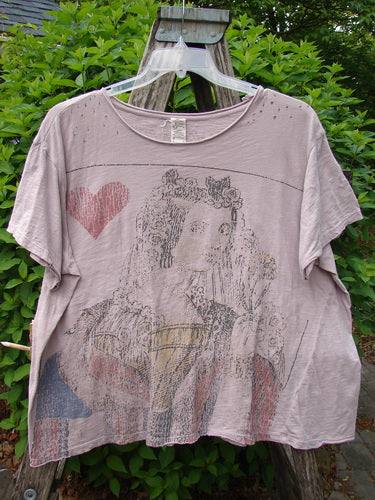 Magnolia Pearl Cotton Jersey Boyfriend Tee Queen of Hearts Pink Dust OSFA, draped on a hanger, features vintage Queen of Hearts print, flutter edges, and distressed details, showcasing Bluefishfinder.com's unique, expressive style.