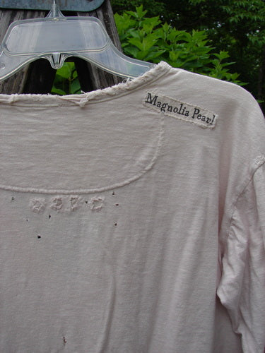Magnolia Cotton Jersey Tobacco Picker's Henley Tee Tea Stain OSFA features distressed neckline and frayed edges on a lightweight, drapey top with pearly buttons and contrasting stitchery, ideal for vintage enthusiasts.