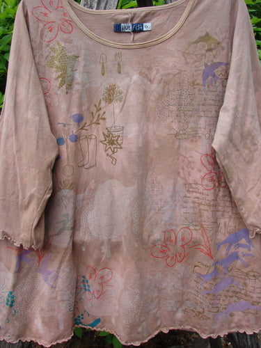 Barclay Three Quarter Sleeved Cafe Tee Freedom Forest Garden Beige Size 0 features a loose, artsy design with floral and gardening prints, curly edges, and a scooped neckline, embodying Bluefishfinder.com's creative vintage style.