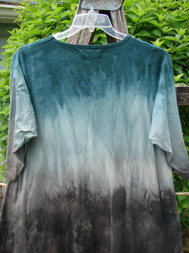 Barclay Wander Tunic Tee Magic Mottled Vintage Teal Size 0, featuring an ombré effect from teal to charcoal, displayed on a hanger outdoors, highlighting its unique design and tunic shape with three-quarter sleeves.