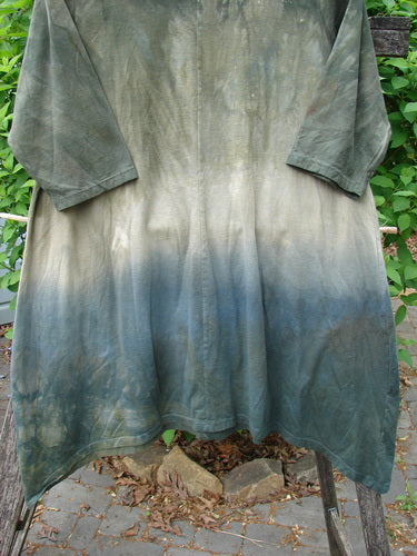 Barclay Wander Tunic Tee Botanicals Mottled Vintage Hunter Size 0 displayed on a wooden frame outdoors, showcasing its muted green to grayish-blue gradient and weathered look, emphasizing the straighter tunic length and three-quarter sleeves.