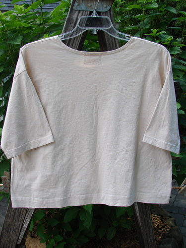 Barclay PMU Patched Short Sleeved Crop Tee Fish Creme Size 0 displayed on a clothes rack, showcasing its short sleeves, boxy shape, folded neckline, and single fish patch.