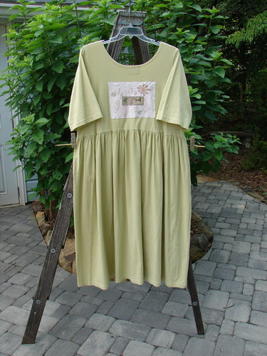 Barclay PMU Patched Flower Garden Dress Citron Size 1 displayed on a rack with a close-up of its intricate floral patches and front exterior flop pocket.