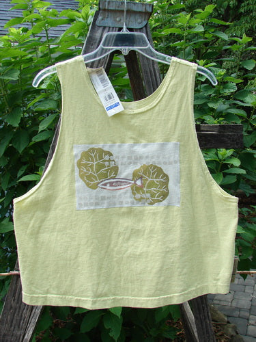 1999 NWT PMU Patched Tank Top Citron Size 0 featuring a colorful single fish patch on the front, wide boxy shape, and scooped neckline, perfect for hot summer days.