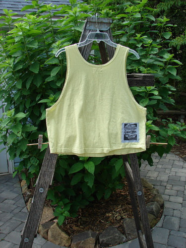 1999 NWT PMU Patched Tank Top Citron Size 0 displayed on a wooden ladder, featuring a wide, boxy shape with a scooped neckline and colorful fish theme patch.