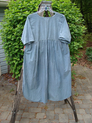 Barclay Percale Key Pocket Hi Low Dress Flower Dish Stream Size 0, displayed on a wire hanger over a wooden step-ladder, features elbow-length sleeves, gathered waist, and distinctive curved hem.