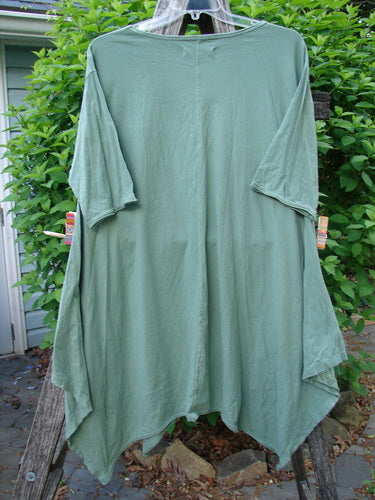 Barclay Origami Tunic Top Garden Block Spanish Moss Size 0, features a loose fit, ¾ sleeves, oval neckline, raw edgings, and unique hemline, hanging outdoors, showcasing its artistic flair.