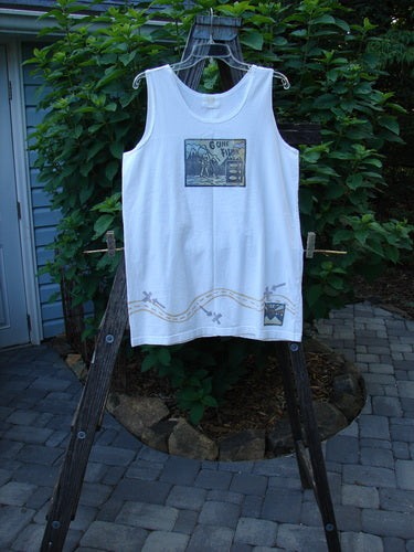 2000 Summer Tank Top Gone Fishing White Size 1 displayed on a wooden stand, featuring deeper arm openings, vibrant fishing-themed print, and signature Blue Fish patch at the hem.