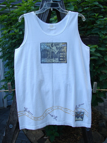 2000 Summer Tank Top Gone Fishing White Size 1 featuring a colorful fishing theme graphic, deeper arm openings, longer length, and signature Blue Fish patch, made from mid-weight organic cotton.