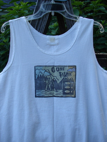 2000 Summer Tank Top Gone Fishing White Size 1: White tank top with colorful Gone Fishing theme, deeper arm openings, longer length, and signature blue fish patch. Made from mid-weight organic cotton.