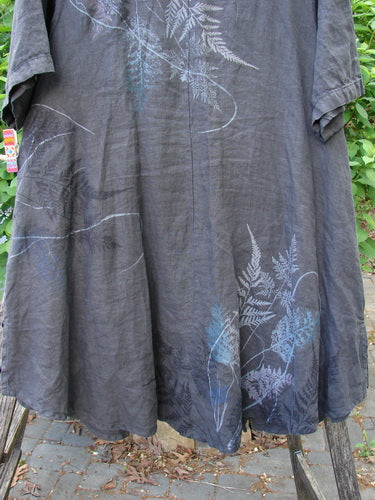 Barclay Linen Tie Pocket Cardigan Field Fern Black Size 0 hangs outdoors, showcasing a fern-leaf pattern, single tie front, drop pockets, and wide short sleeves, embodying Bluefishfinder.com's vintage, expressive style.