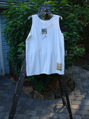 2000 Summer Tank Top Gone Fishing White Size 1 displayed on a wooden rack, featuring deeper arm openings, a colorful fishing theme, longer length, and signature Blue Fish patch.