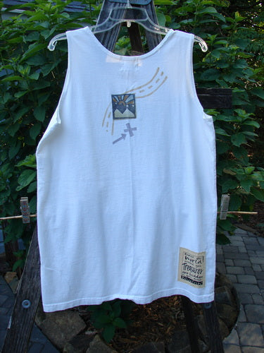 2000 Summer Tank Top Gone Fishing White Size 1 on a clothesline, featuring deeper arm openings, colorful fishing theme, longer length, and Blue Fish patch, made from mid-weight organic cotton.