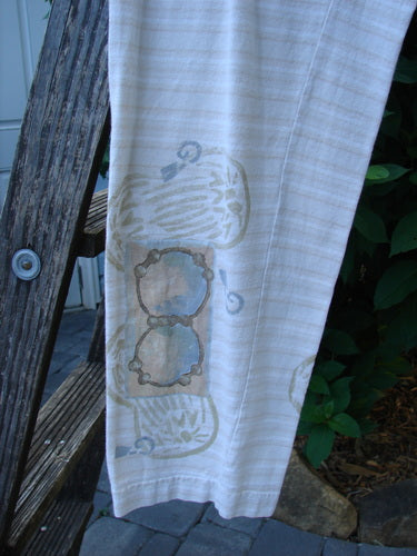 2000 Slim Pant Biology Dove Stripe Size 1 featuring thin stripes, full elastic waistband, and unique bottom paint from Resort Collection 2000, made from organic cotton.