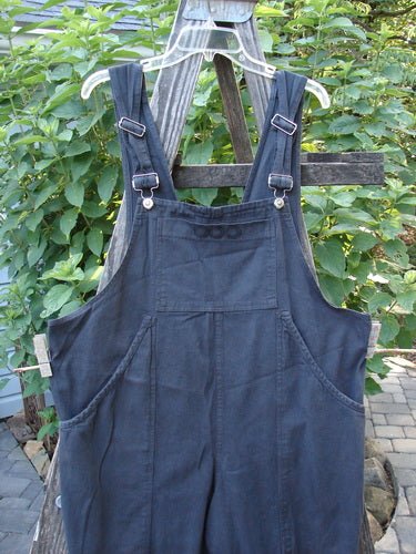 2001 Patched Twill Anisette Overall Pant Jumper Licorice Size 1 displayed on a wooden rack, highlighting its large front painted bib pocket and deep side entry pockets.