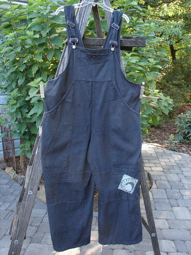 2001 Patched Twill Anisette Overall Pant Jumper Licorice Size 1 displayed on a wooden ladder, showcasing large front painted bib pocket, deep side entry pockets, and sectional knee panels.