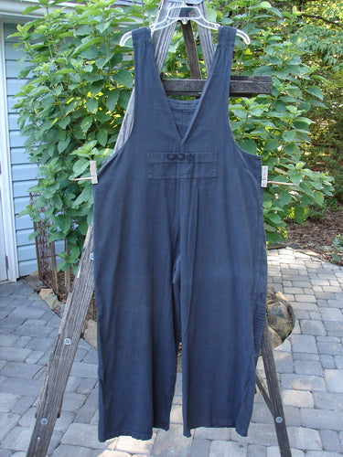 2001 Patched Twill Anisette Overall Pant Jumper Licorice Size 1 hanging on a wooden ladder, showcasing front painted bib pocket, deep side entry pockets, sectional knee panels, and metal button closures.