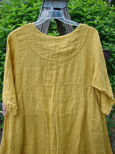 Barclay Gauze Linen Cross Over Dress Unpainted Sunshine Spice Size 1, featuring a soft V neckline, ¾ sleeves, and double side pockets, drapes elegantly on a hanger with lush foliage as backdrop.