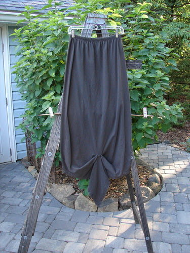 1994 Harvest Gather Skirt Unpainted Bark Size 1 displayed on a wooden rack outdoors, showcasing its sectional panels and elastic waistband, epitomizing vintage Blue Fish Clothing's unique and versatile style.
