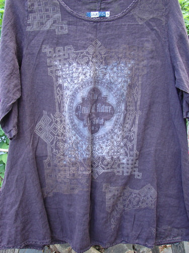 Barclay Linen A Line Top London 1844 in Deep Burgundy, featuring a loose fit and ornate geometric print, displayed outdoors against greenery, reflecting Bluefishfinder.com's vintage and expressive clothing style.