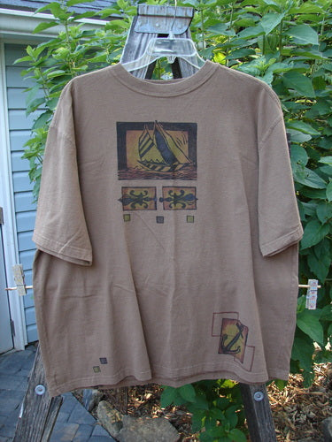 1998 Men's Short Sleeved Tee Sailboat Rock Brown Size 2 XL with classic sailboat theme, softly thicker ribbed neckline, Blue Fish patch, and boxier, slightly longer shape. Made from heavyweight organic cotton.