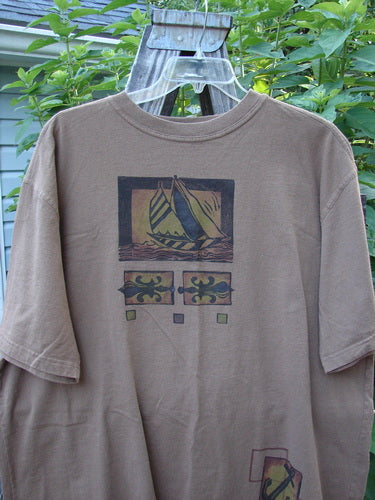 1998 Men's Short Sleeved Tee Sailboat Rock Brown Size 2 XL, featuring a sailboat drawing on the front, ribbed neckline, and a signature Blue Fish patch.