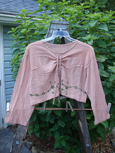 Barclay Limited Edition Gauze Waterfall Crop Top Vine Blush Size 1 displayed on a hanger outdoors, featuring a rounded neckline, center drawcord, wide sleeves, and A-line hem.
