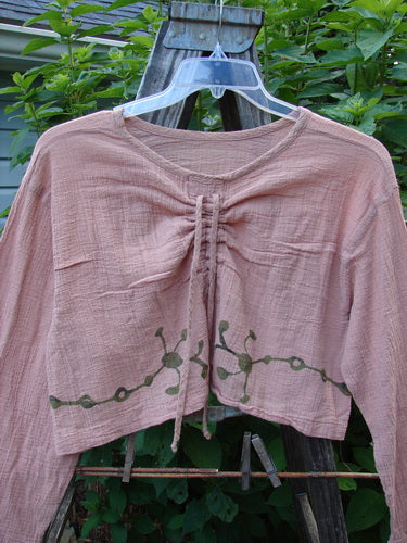 Barclay Limited Edition Gauze Waterfall Crop Top Vine Blush Size 1 displayed on a hanger with wide, longer sleeves, rounded neckline, and drop shoulder, showcasing its lightweight cotton gauze material and vine theme paint.