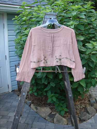 Barclay Limited Edition Gauze Waterfall Crop Top Vine Blush Size 1 displayed on a wooden stand outside, showcasing its rounded neckline, center drawcord, wide sleeves, and A-line hem.