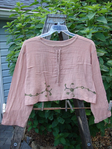 Barclay Limited Edition Gauze Waterfall Crop Top Vine Blush Size 1 displayed on a swing, showcasing its rounded neckline, center drawcord, wide sleeves, drop shoulder, and A-line hem.