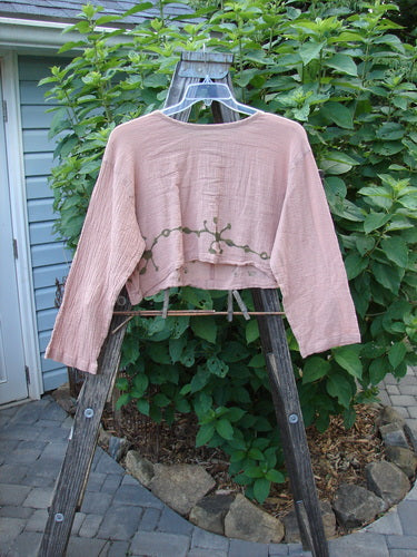 Barclay Limited Edition Gauze Waterfall Crop Top Vine Blush Size 1 displayed on a wooden rack, showcasing wide longer sleeves, a rounded neckline with a center drawcord, and a widening A-line hem.