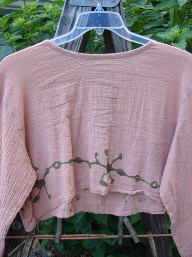 Barclay Limited Edition Gauze Waterfall Crop Top Vine Blush Size 1 featuring a green vine design, rounded neckline with center drawcord, A-line hem, wide sleeves, and drop shoulder.