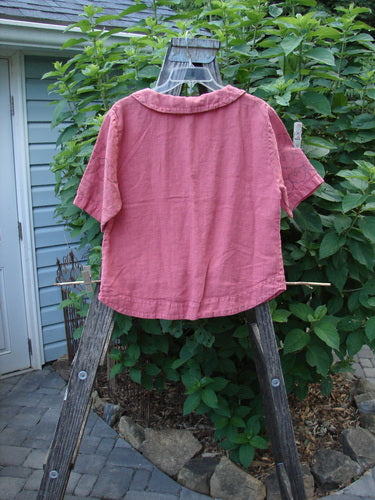 2001 Linen Banded Bottom Collar Top Celtic Heart Glow Size 1 displayed on a clothes rack, featuring an oversized sailor collar, button front, and painted Celtic heart themed sleeves.