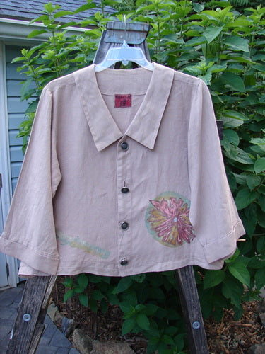 Barclay Linen Metal Button Big Collar Jacket Carnation Wheat Size 1 displayed on a hanger, showcasing a wide V-neckline, sailor-like collar, full metal button front, and carnation-themed pattern.