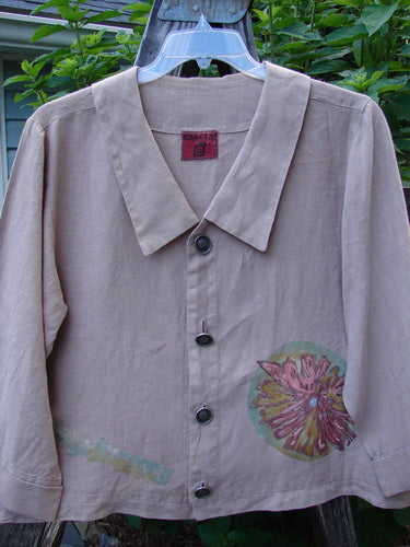 Barclay Linen Metal Button Big Collar Jacket Carnation Wheat Size 1 displayed on a hanger, showcasing a wide V-neckline, sailor-like collar, metal buttons, and floral pattern.