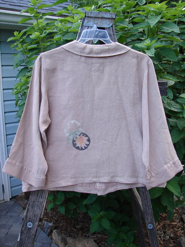 Barclay Linen Metal Button Big Collar Jacket Carnation Wheat Size 1, featuring a wide V-neckline, sailor-like collar, cuffable sleeves, widening hemline, and full metal button front with a floral theme.