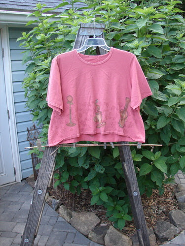 2000 Short Sleeved Crop Tee Star Music Time Coral Size 1 displayed on a wooden easel, showcasing its playful crop shape, colorful music theme, wide sleeves, and softly rolled neckline.