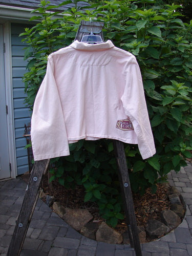 2001 Patched Licorice Jacket in Pink Tile displayed on a clothes hanger, showcasing its four metal buttons, A-line shape, rounded tailored back, and wide crop shape.