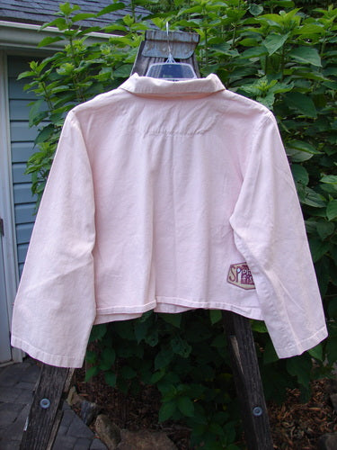 2001 Patched Licorice Jacket Pink Tile Size 0 on a hanger, showcasing its metal buttons, slight A-line shape, rounded tailored back, and wide crop shape.