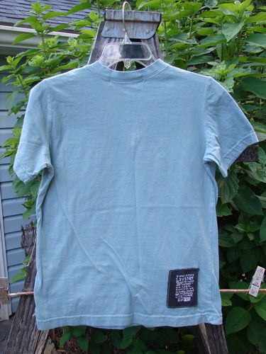 1996 Cotton Lycra Short Sleeved Layering Tee Unpainted Petal Size 2 displayed on a hanger outdoors, showcasing its back with a signature Blue Fish patch, perfect for vintage-inspired mixing and matching.