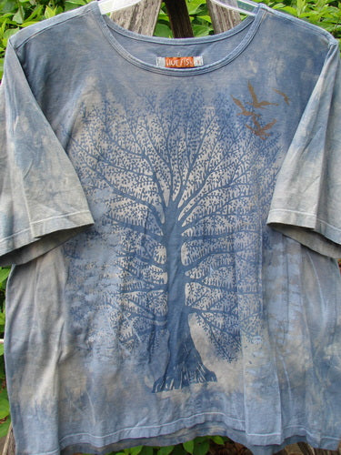 Daisy Hagey Barclay Fiona Straight Tee Tree Mottled Window Pane Size 0 in blue-gray cotton, with a large tree graphic and bird silhouettes on the front.