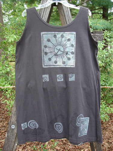 1995 Sun Glint Tank Atom Briquette OSFA: A black tank top featuring a unique atom-themed design, scooped neckline, and signature Blue Fish patch, perfect for hot summer days. Organic cotton, generously sized.