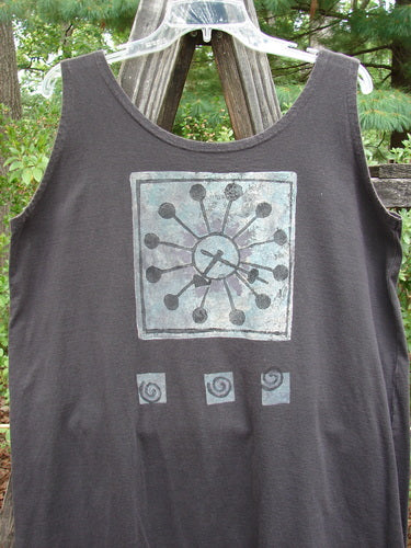 1995 Sun Glint Tank Atom Briquette OSFA: A black organic cotton tank top with a square design, scooped neckline, and Blue Fish patch, perfect for hot summer days.