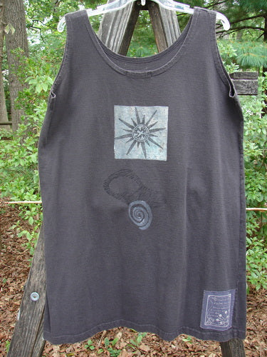 1995 Sun Glint Tank Atom Briquette OSFA: Black tank with white sun and bird design, scooped neckline, and signature Blue Fish patch. Perfect for hot summer days, organic cotton, vintage Blue Fish Collection.