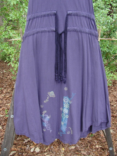 1994 Spin Jumper Mixed Purple Nuit Size 2 featuring a unique tie design, deep V neckline, and intricate leaf and vine patterns, exemplifying the creative freedom and vintage charm of Blue Fish Clothing.