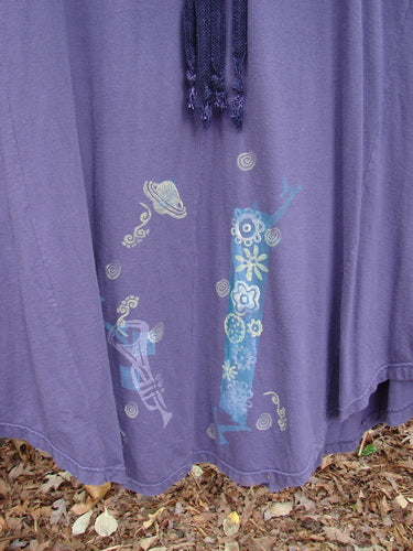Close-up of the 1994 Spin Jumper Mixed Purple Nuit Size 2, showcasing the unique hemline paint with leaves and vines, and distinct tie tunnels and drawcords details.